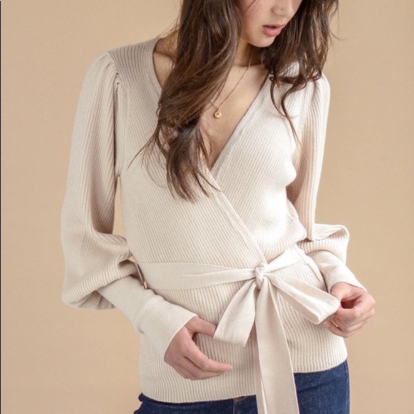 Ulla Johnson Beige Wrap Ribbed Knit Cardigan